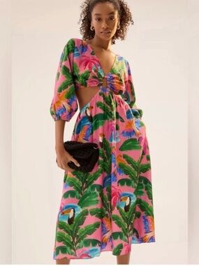 Farm Rio x Anthropologie Tropical Bird Cutout Maxi Dress Pink
